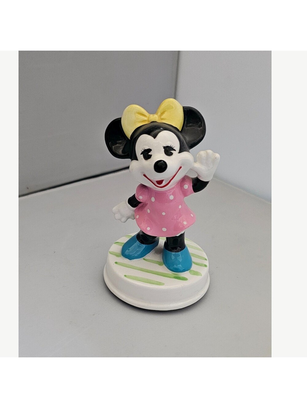Vintage Schmid Minnie Mouse Porcelain Rotating Music Box Yellow Bow & Pink Dress